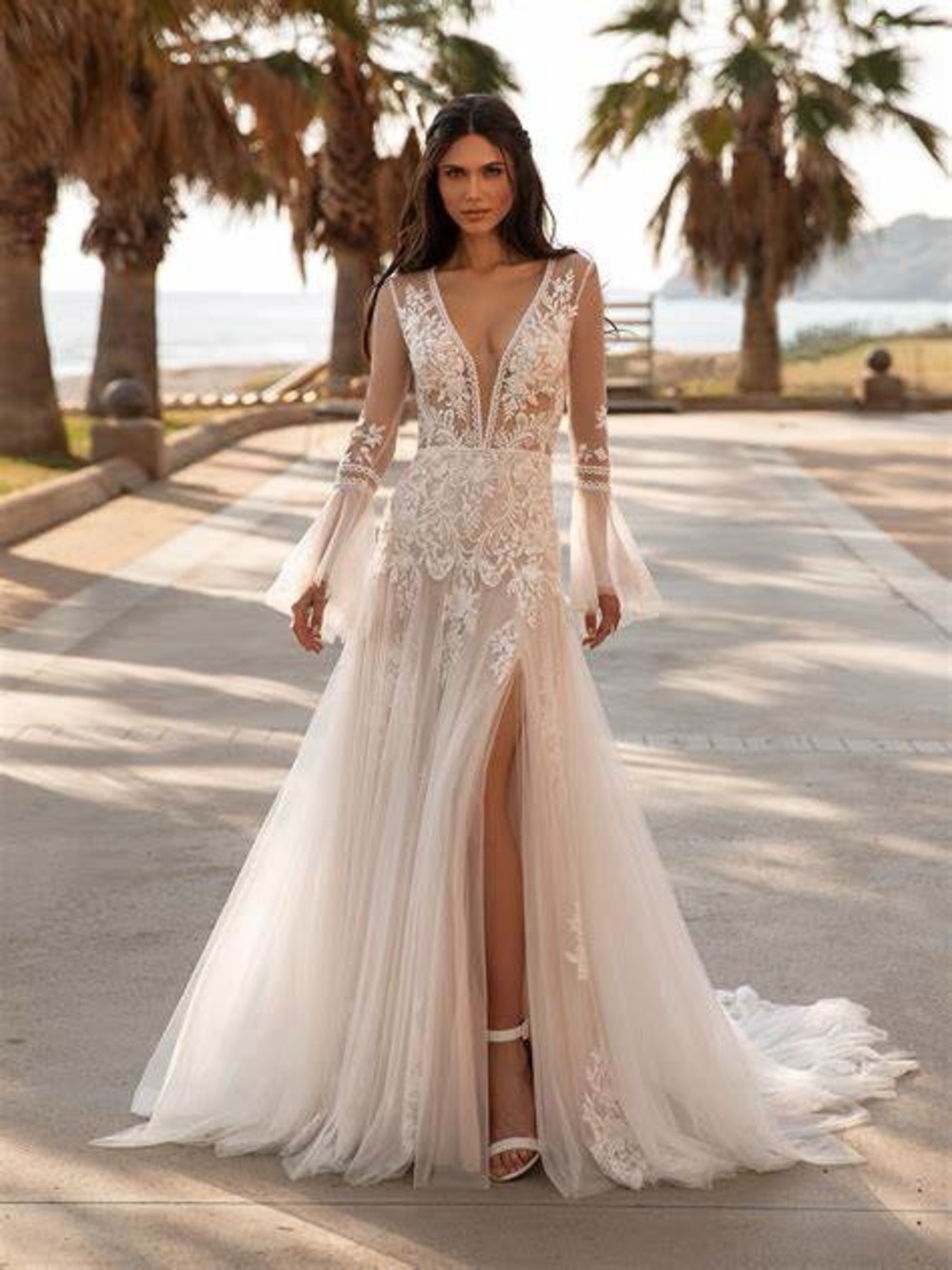 Plunging V-Neck Ivory Lace Wedding Gown with Sheer Bell Sleeves